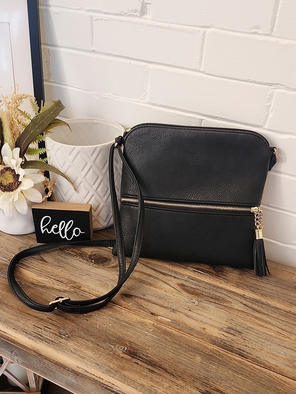 Black Crossbody Bag with Tassel Accent